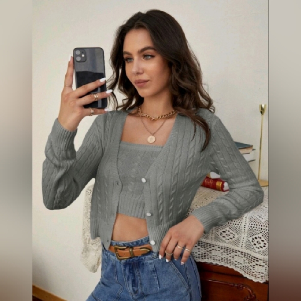 2pc gray cable knit sweater set